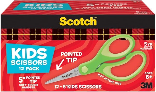 Scotch 5" Soft Touch Pointed Tip Kids Scissors, 12 Count Teachers Pack, Green, All-Purpose Scissors for School and Crafts 1442P-12