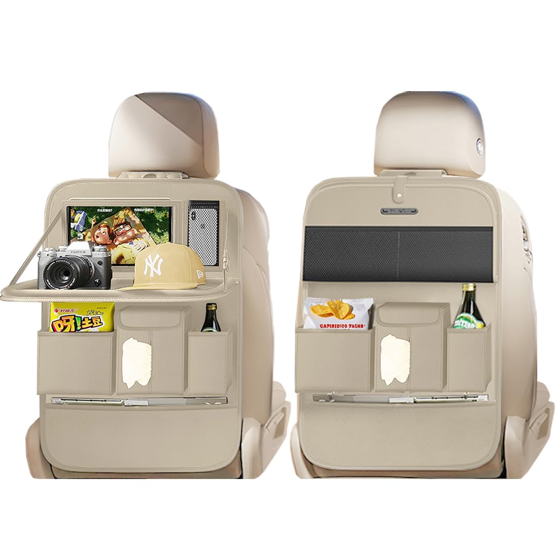 Organizadores de asiento de coche XDV, multifuncionales, protectores de asiento trasero, bolsas de almacenamiento y soportes para bandejas, para asientos traseros y traseros de niños, color beige liso, 2 piezas