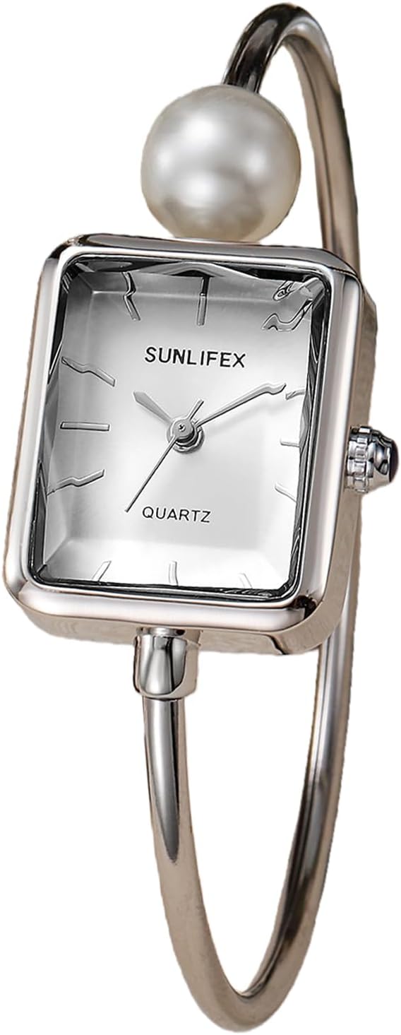 Gosasa Dainty Women’s Pearl Bangle Bracelet Watch – Elegant Chic Square Dial with Minimalist Slim Cuff Ladies Watch for 6.3"-7.9" Wrist