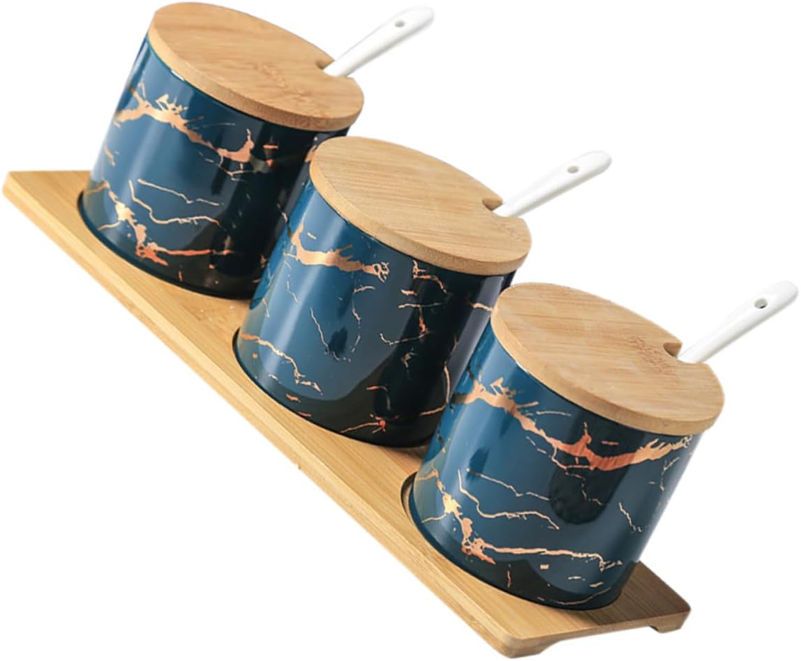 Mikinona 1set Ceramic Seasoning Canister with Lid and Kitchen Jars for Storing Sea Salt Pepper and Sugar Elegant Emerald Marble Design