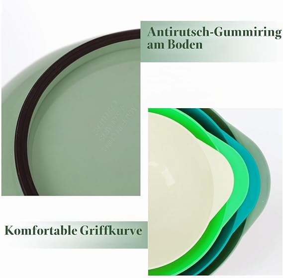 BoxedHome 4 Piece Mixing Bowl Set Made of BPA Free Plastic Army Green - with Pourer Non-Slip Base and Handle Stackable Dishwasher and Microwave Safe Ideal for Baking and Cooking