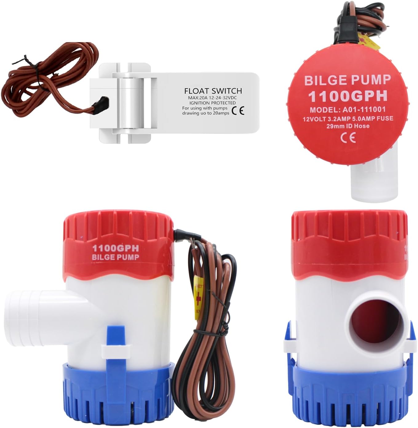 CREATORELE Bilge Pump Kit For Boats 12v, 1100 GPH Non-Automatic Pump Float Switch 12v 24 V 32 V with 1-1/8 Inch Plumbing Kit, Including Hose, Clamps, Thru Hull Connectors for Boats