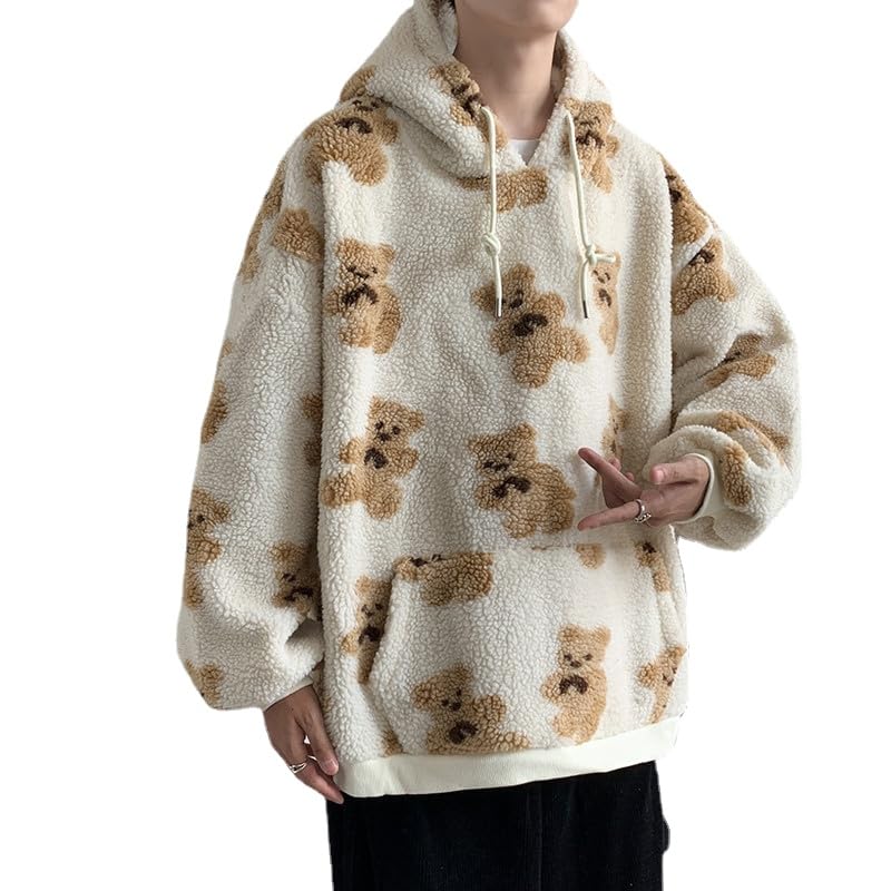 Bear Print Puffy Fuzzy Fleece Hoodies for Men Kawaii Long Sleeve Oversized Hooded Pullovers Autumn Baggy Sweatshirt