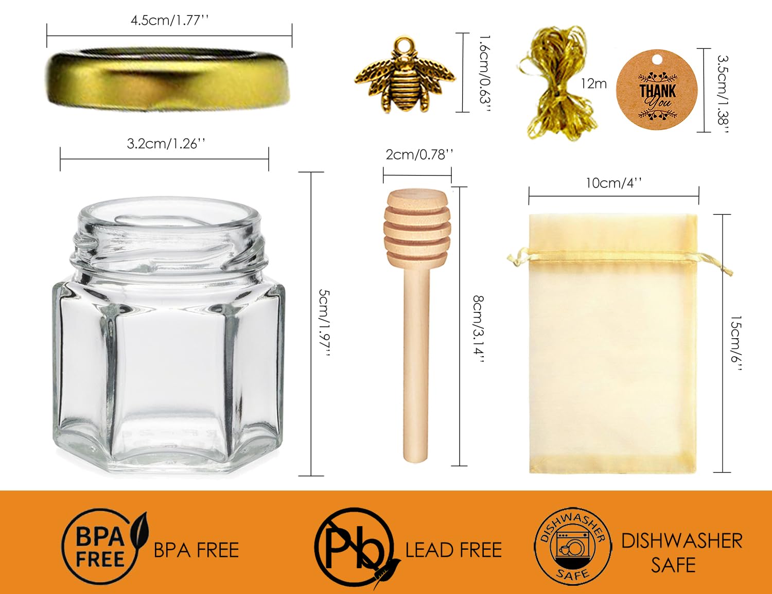 Ahhute Honiggläser Klein, Mini Honigglas Mit Honiglöffel, Honiggläser Mit Deckel Gastgeschenke Hochzeit, Marmeladengläser für Baby Shower, 20 Stück 45ml
