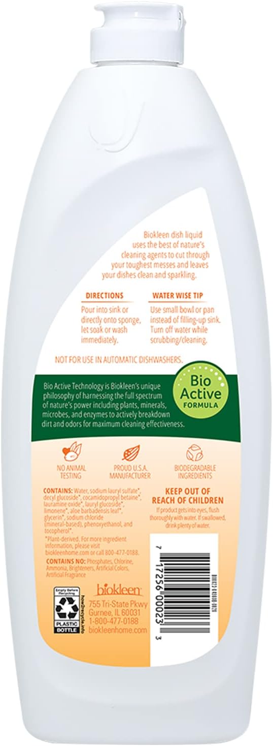 Biokleen Dish Liquid Soap, Dishwashing, Eco-Friendly, Non-Toxic, Plant-Based, No Artificial Fragrance, Colors or Preservatives, Free & Clear, Unscented, 25 Ounces : Health & Household