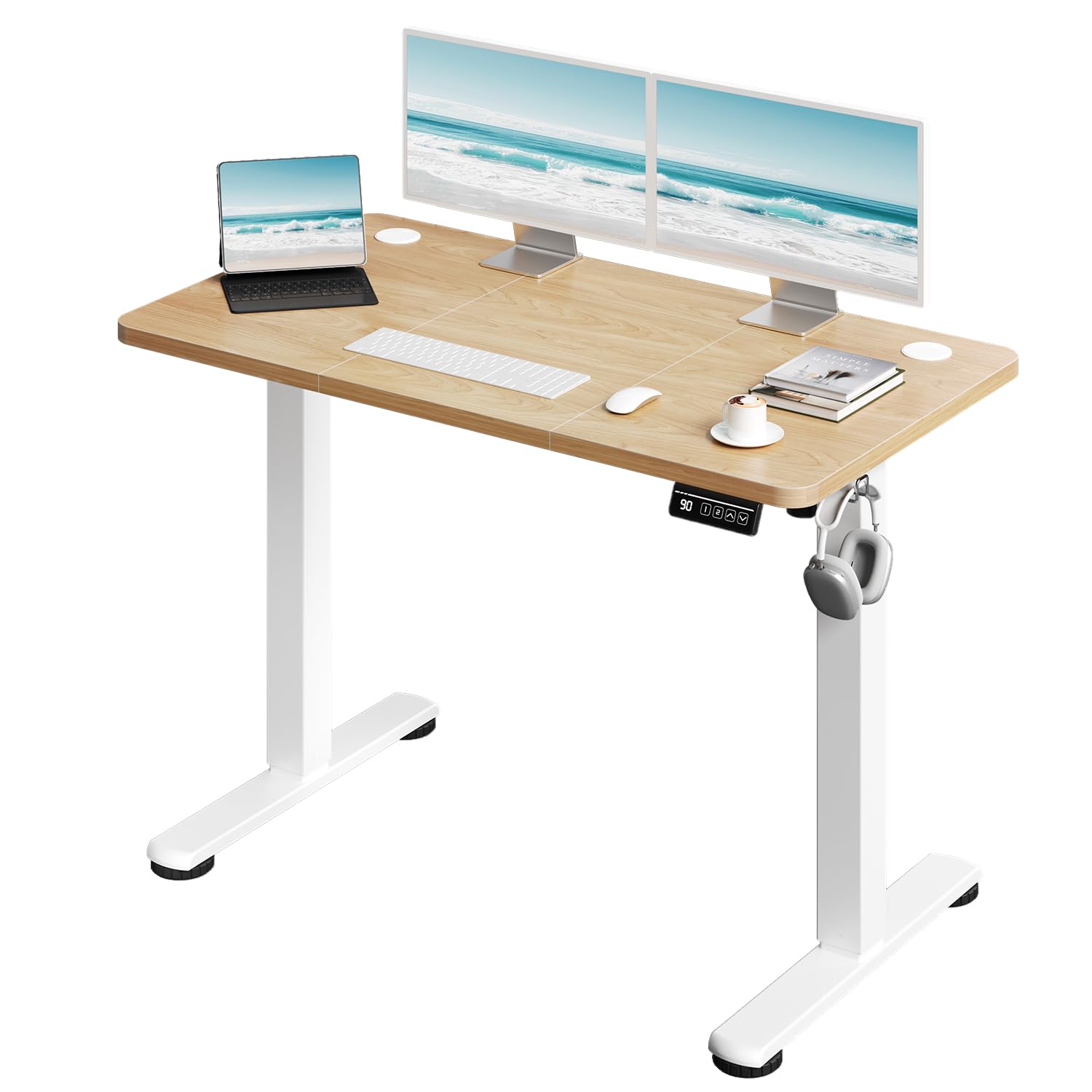 JUMMICO Standing Desk 110 x 60 cm Eletric Height Adjustable Desk with 2 Height Memory Position, Sit Stand desk with Smart Controller, Beige