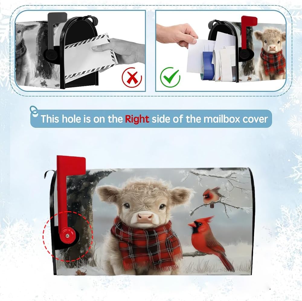 Winter Highland Cow Mailbox Cover, Magnetic Waterproof Mailbox Wrap 18x21 Inch Standard Size, Snow Scene Oxford Cloth Mailbox Decoration for Christmas Thanksgiving Winter Outdoor Garden