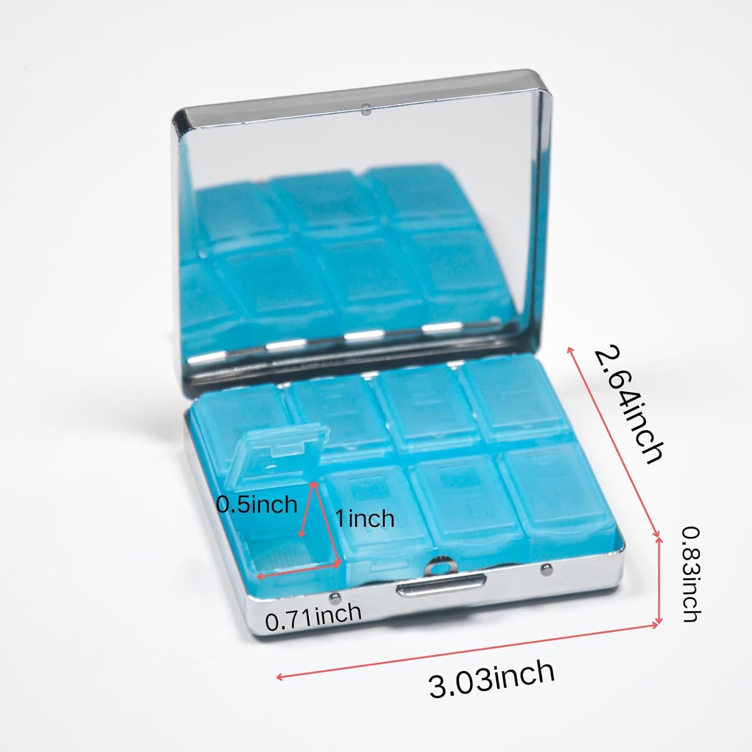Pilulier 7 jours chromé argenté brillant avec miroir à l'intérieur, 8 compartiments séparés, rectangulaire, rangement polyvalent pour médicaments – Accessoire de voyage idéal (papillons en fleurs)