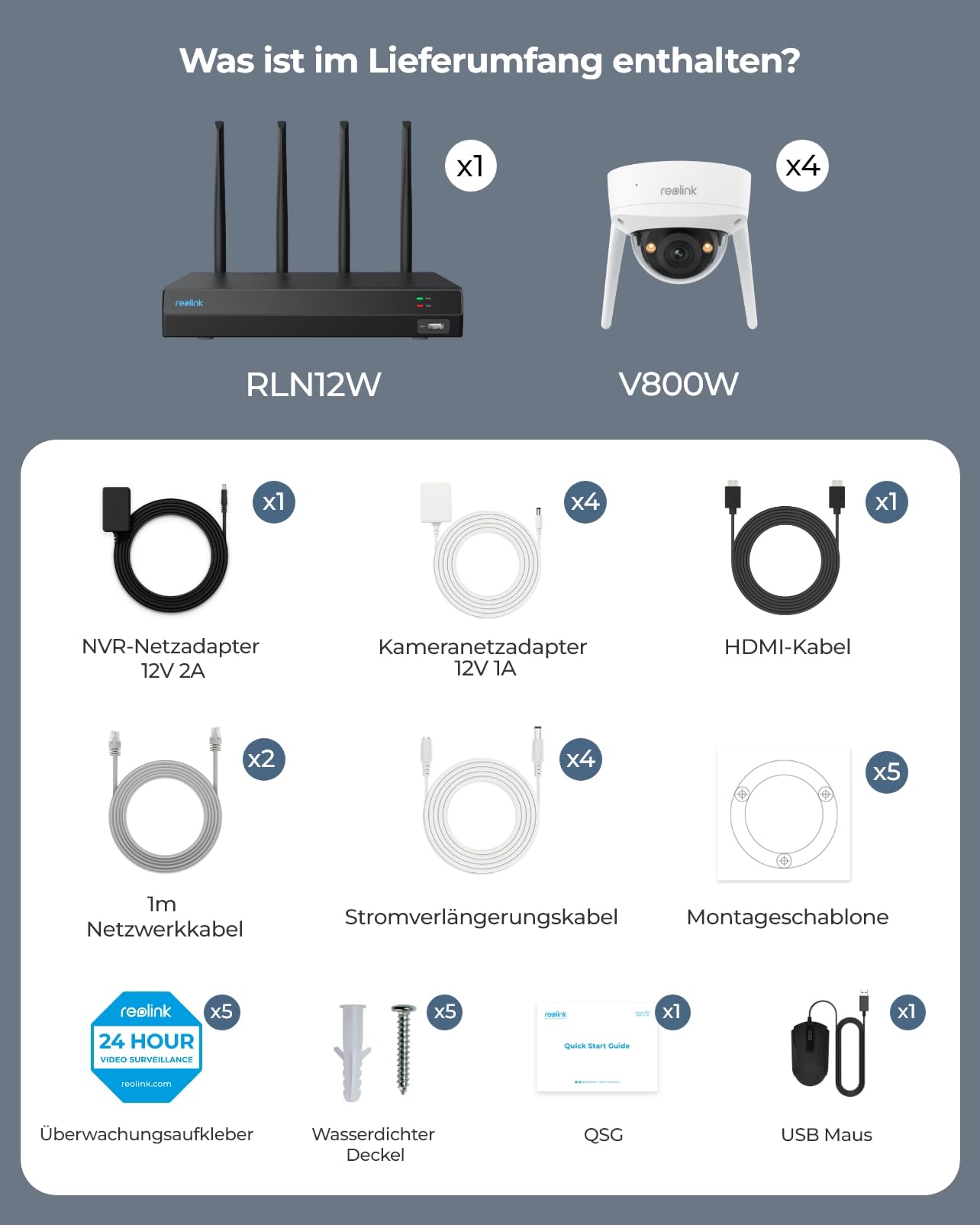 Reolink 4K Wi-Fi 6 Überwachungskamera Set mit IK10 Vandalismusschutz, Farbnachtsicht, 12CH NVR mit 2TB HDD, Personen-/Fahrzeug-/Tiererkennung, 2-Wege-Audio, IP67 wetterfeste WLAN-Kameras, RLK12-800WV4