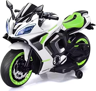 LittleFlyer Rechargeable Battery Operated Ride on Bike for Kids, Electric Toy Bike with Leather Seat, Wheels Lights, Music and Key Start for Kids of Age 2 to 10 Years (White&Green)