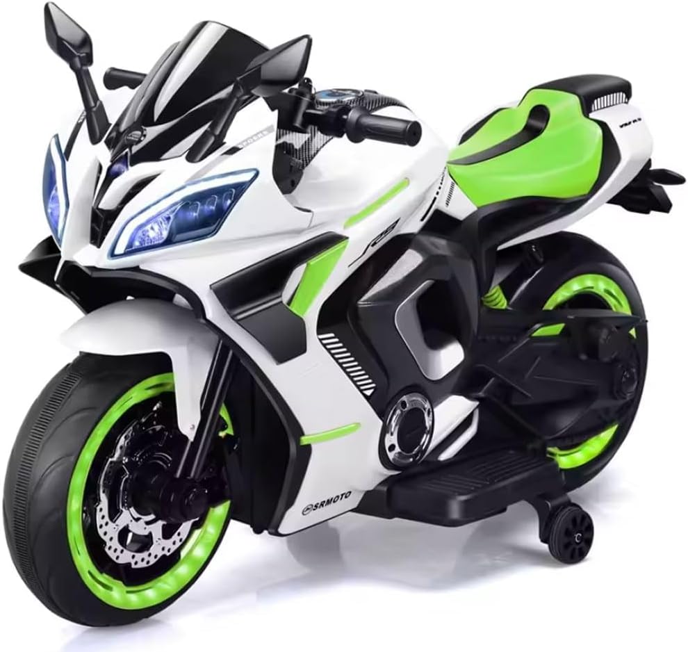 LittleFlyer Rechargeable Battery Operated Ride on Bike for Kids, Electric Toy Bike with Leather Seat, Wheels Lights, Music and Key Start for Kids of Age 2 to 10 Years (White&Green)