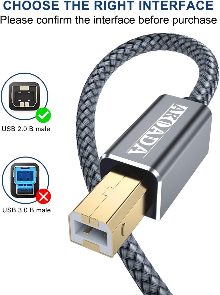 AkoaDa Printer Cable,USB A to B Cable 10ft USB 2.0 Printer Cord High Speed Scanner Cord Compatible with HP, Brother, Canon, Dell, Epson, Lexmark, Xerox, Samung and More