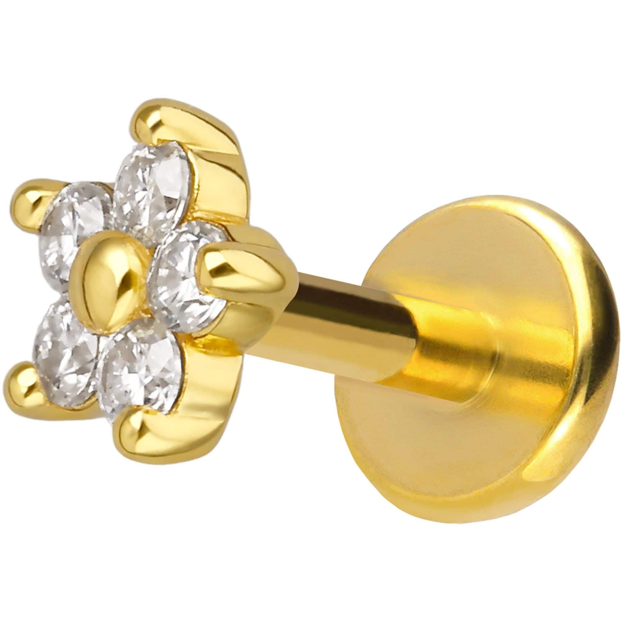 PIERCINGLINE Piercing Stecker Titan Labret mit Innengewinde + 925er Silber Aufsatz MOISSANIT-BLUME - Goldfarben, Silberfarben