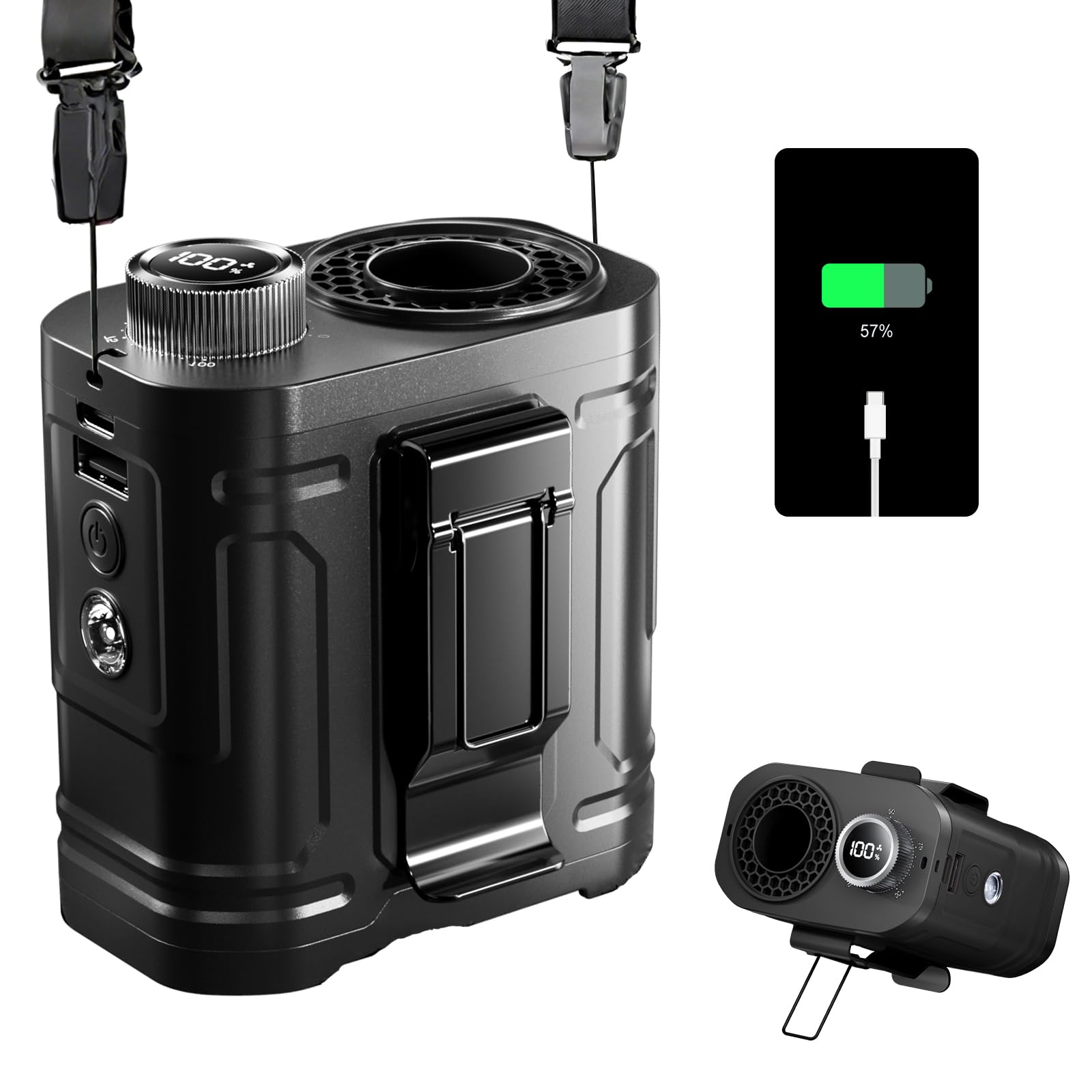 【76%OFF】【1,406円】 ONRIU 1台4役 USB充電式 12000mAh モバイルバッテリー機能搭載 100段階風量調節 ベルトファン