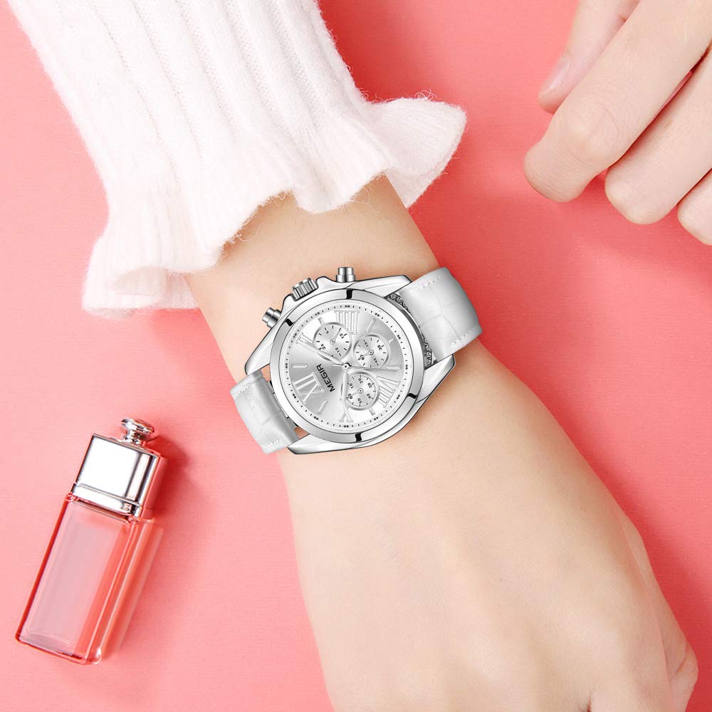 MEGIR Orologio da Donna Cronografo Analogico al Quarzo con Cinturino in Pelle Impermeabil