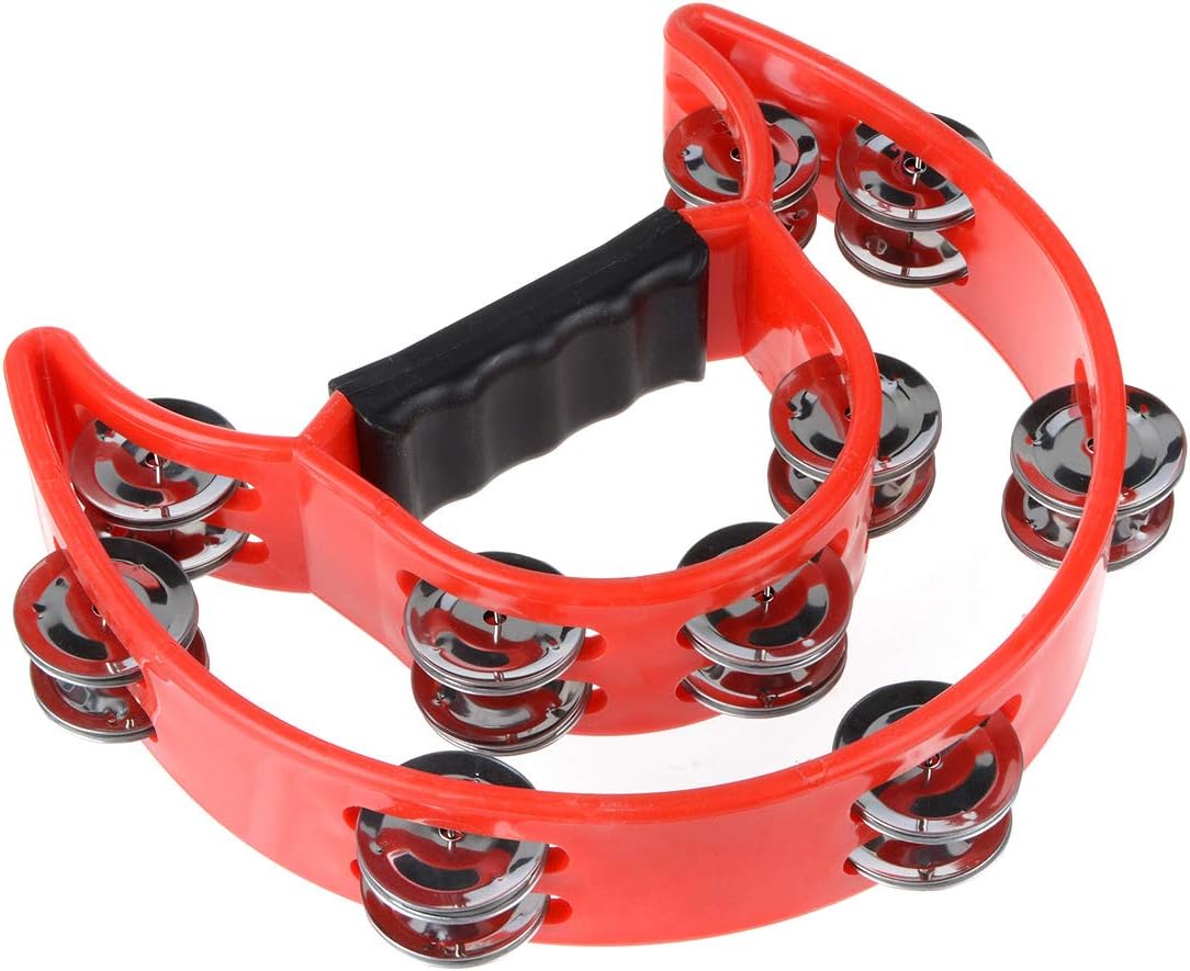Half Moon Musical Tambourine Double Row Metal Jingles Hand Held Percussion Drum Multicolor for KTV Party with Ergonomic Handle Grip (Red) image 4