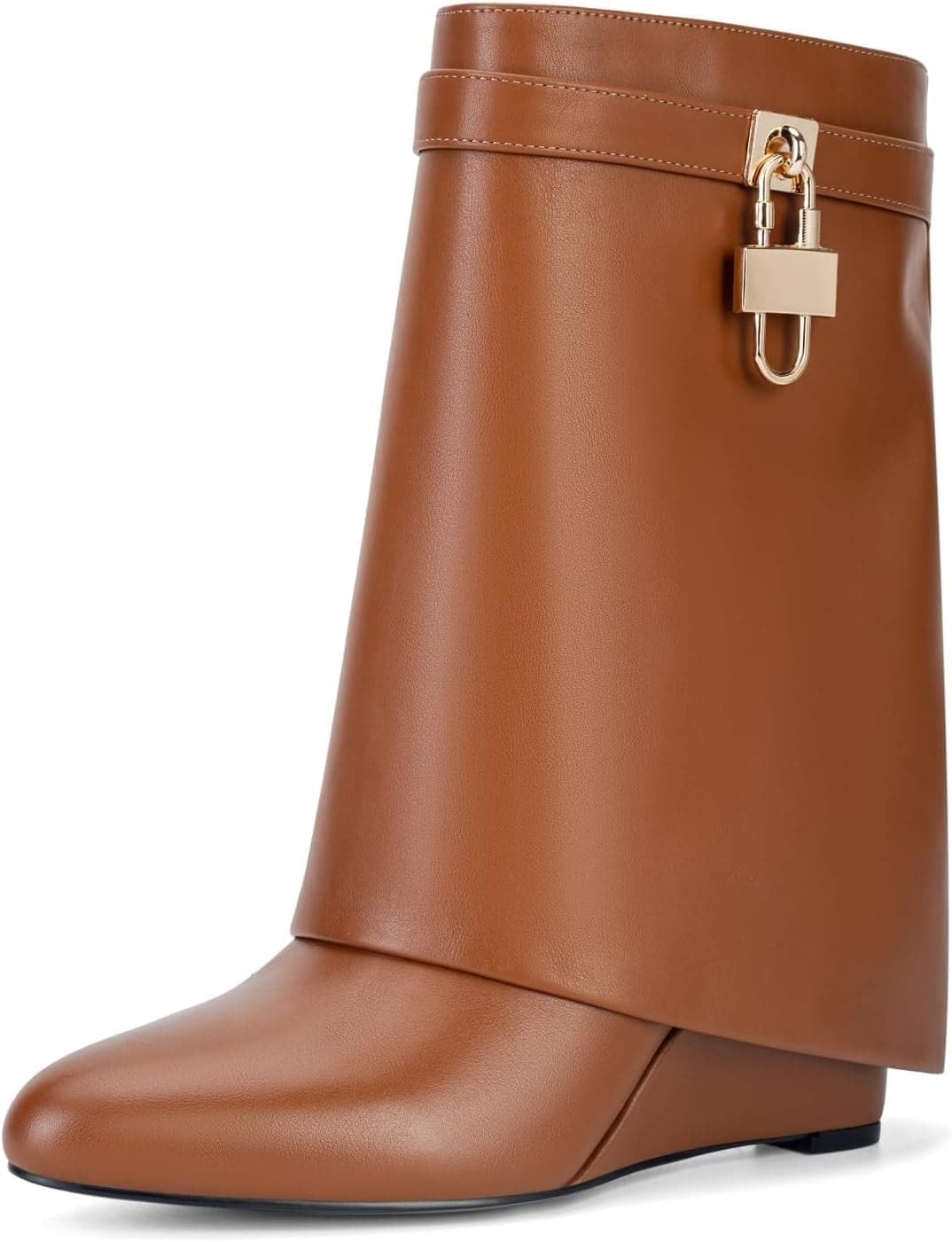 Women Fold Over Wide Mid-calf Boots Platform Wedge Heel Round Toe Faux Leather Pull On Shark Booties with Padlock Short Boots