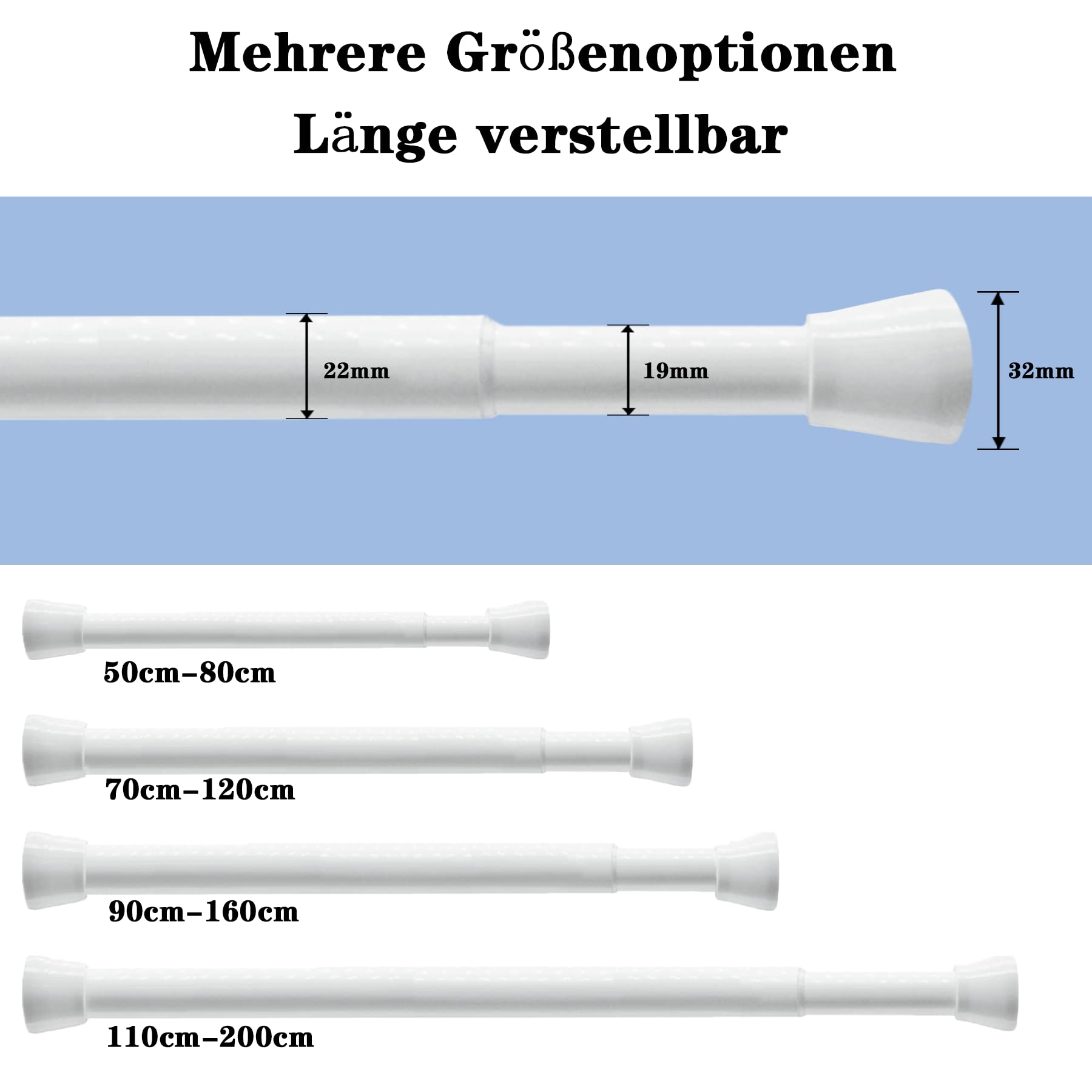 Douchegordijnstang Uitschuifbaar 120-215cm Geen Boor Roestvrij Staal 304 Gordijnstang Telescoopstang Wit anti-slippend & Nooit roesten voor Ramen, Kast, Deur