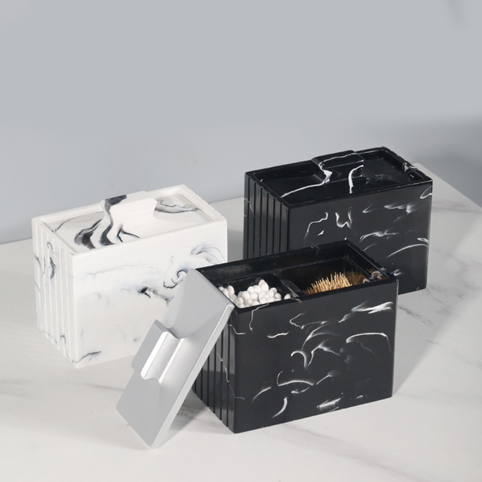 Soporte decorativo para palillos de dientes y estuche de algodón con patrón de mármol, caja de resina para uso en mesa de hotel, contenedor higiénico cubierto para palillos de dientes para