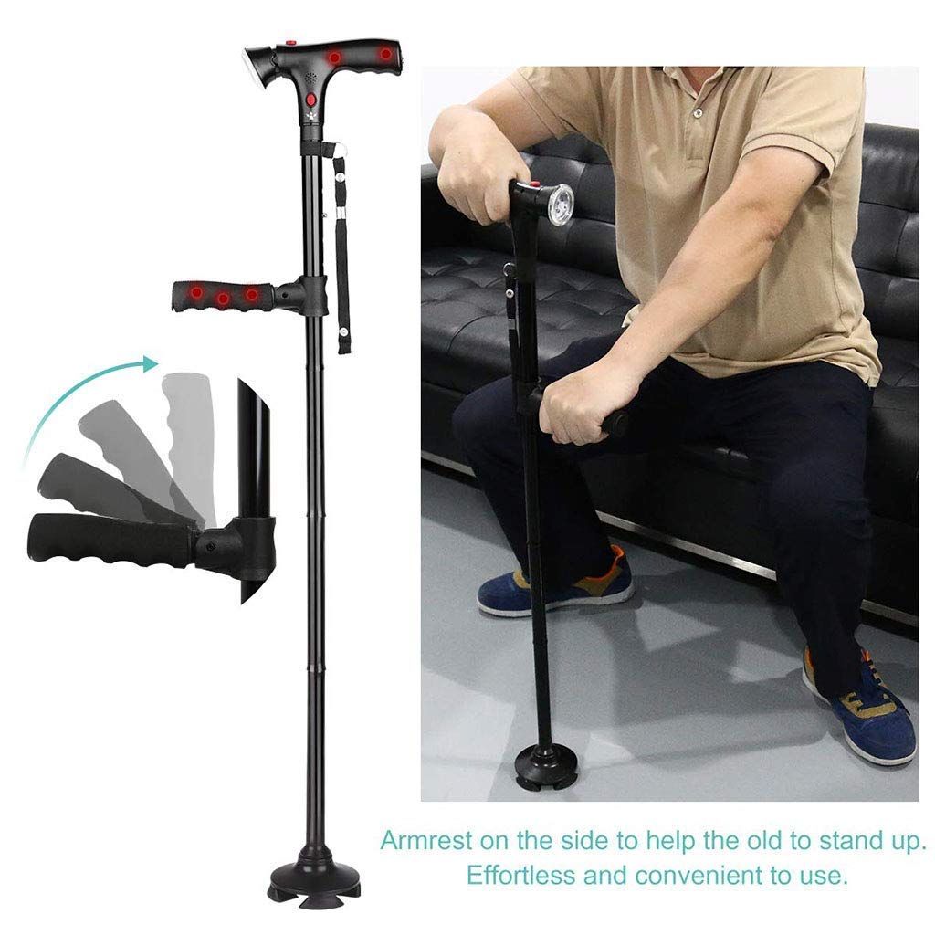 MRKU Bastón Plegable con botón de Alarma, bastón Plegable portátil para Exteriores con bastón Ajustable con luz LED, Andador de Aluminio Plegable Ligero, Padres Mayores, Regalos Unisex