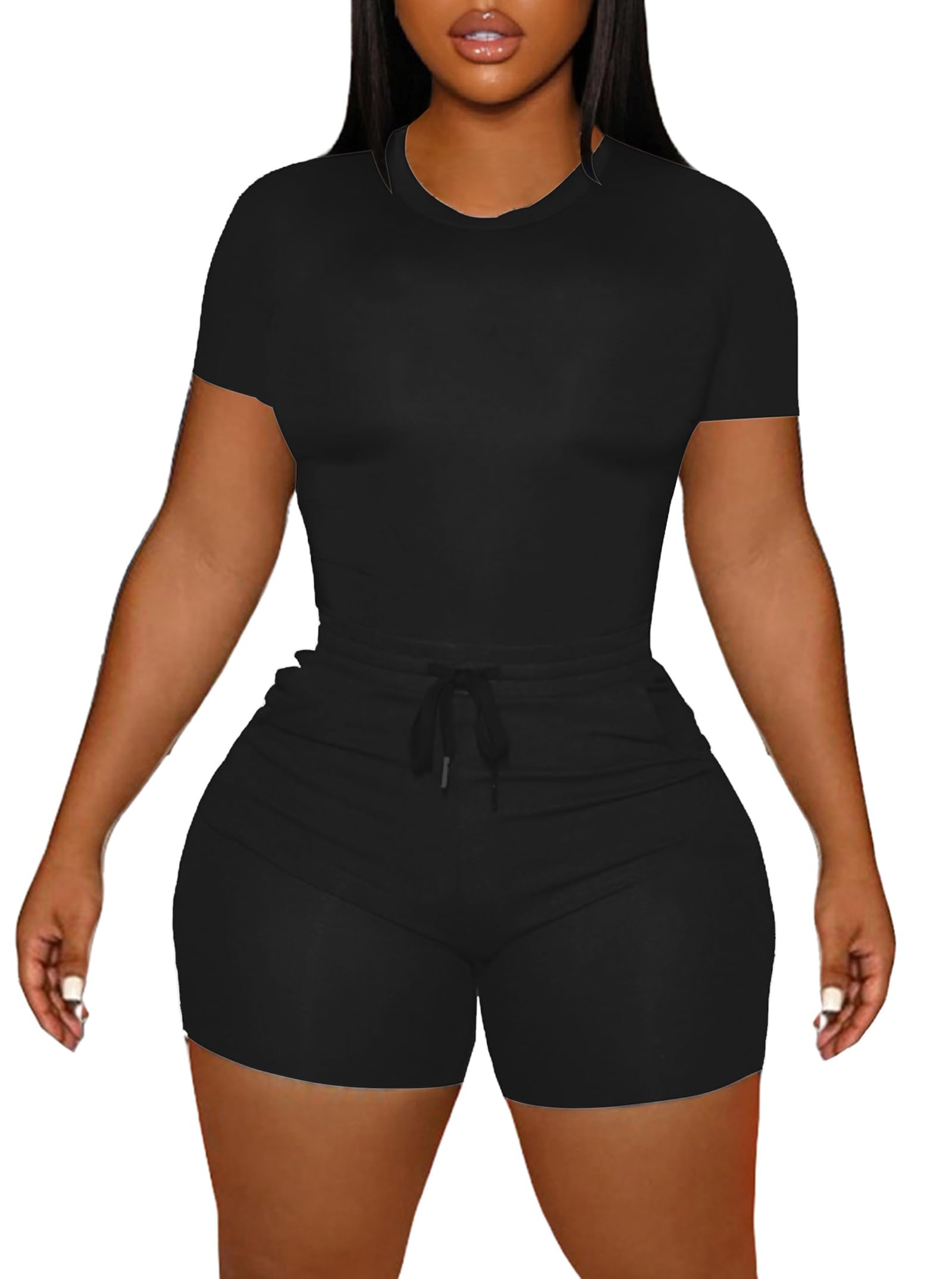 LovelyWholesale Women's Summer 2 Piece Outfits Skinny Shorts Tracksuit Sets