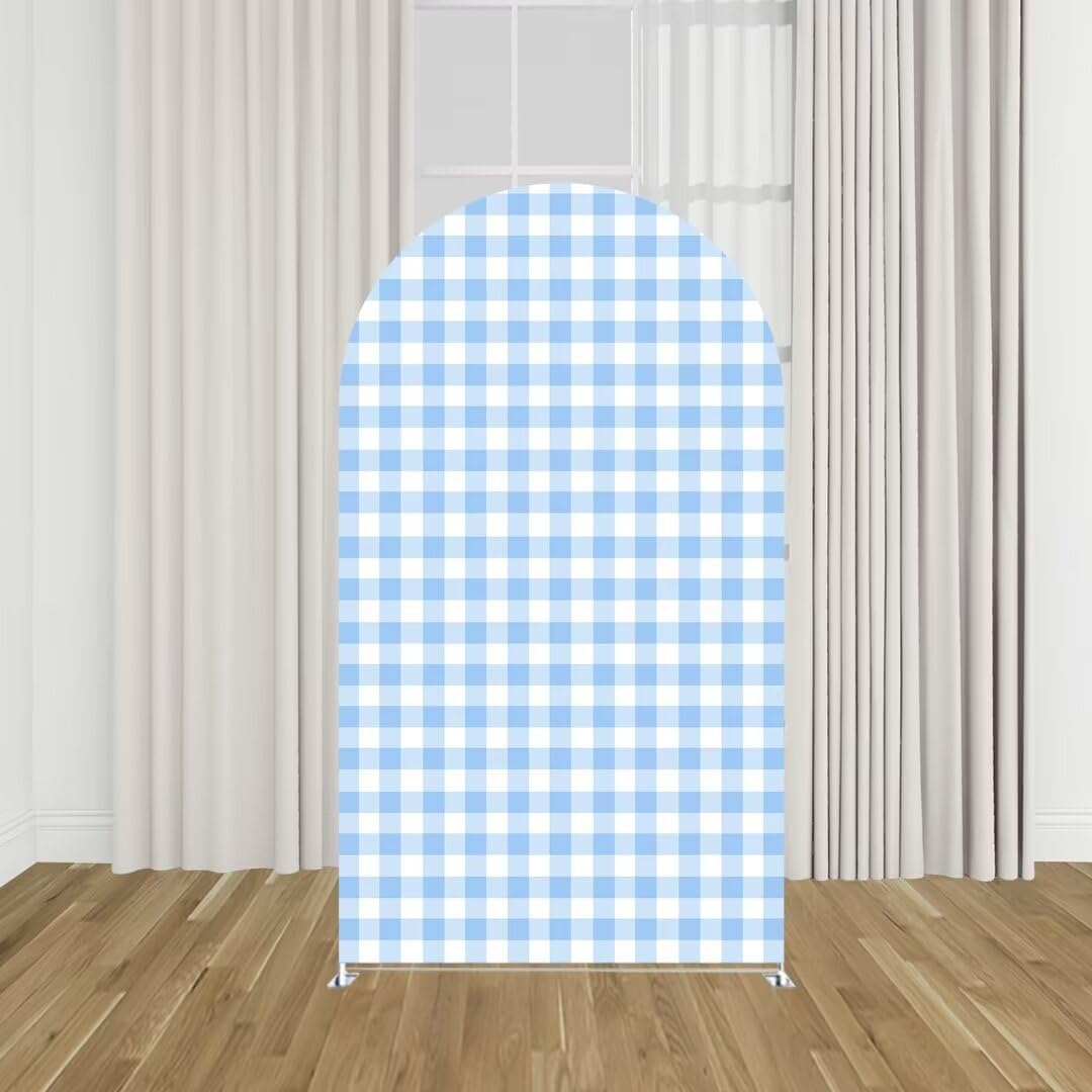 KONPON Blue and White Plaid Arch Stretchy Fabric Covers for Groovy Parties Daisy Theme Arched Stand Cover Birthday Baby Shower Favors Props(Only Cover)
