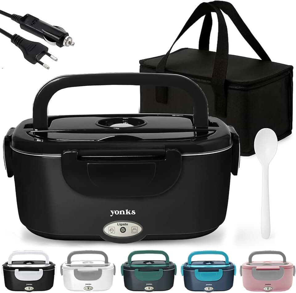 Marmita Elétrica Yonks 60W com Bolsa Térmica – Bivolt 110V/220V + Cabo Veicular 12V/24V – Marmita para Carro e Caminhão (Preta inteiro)