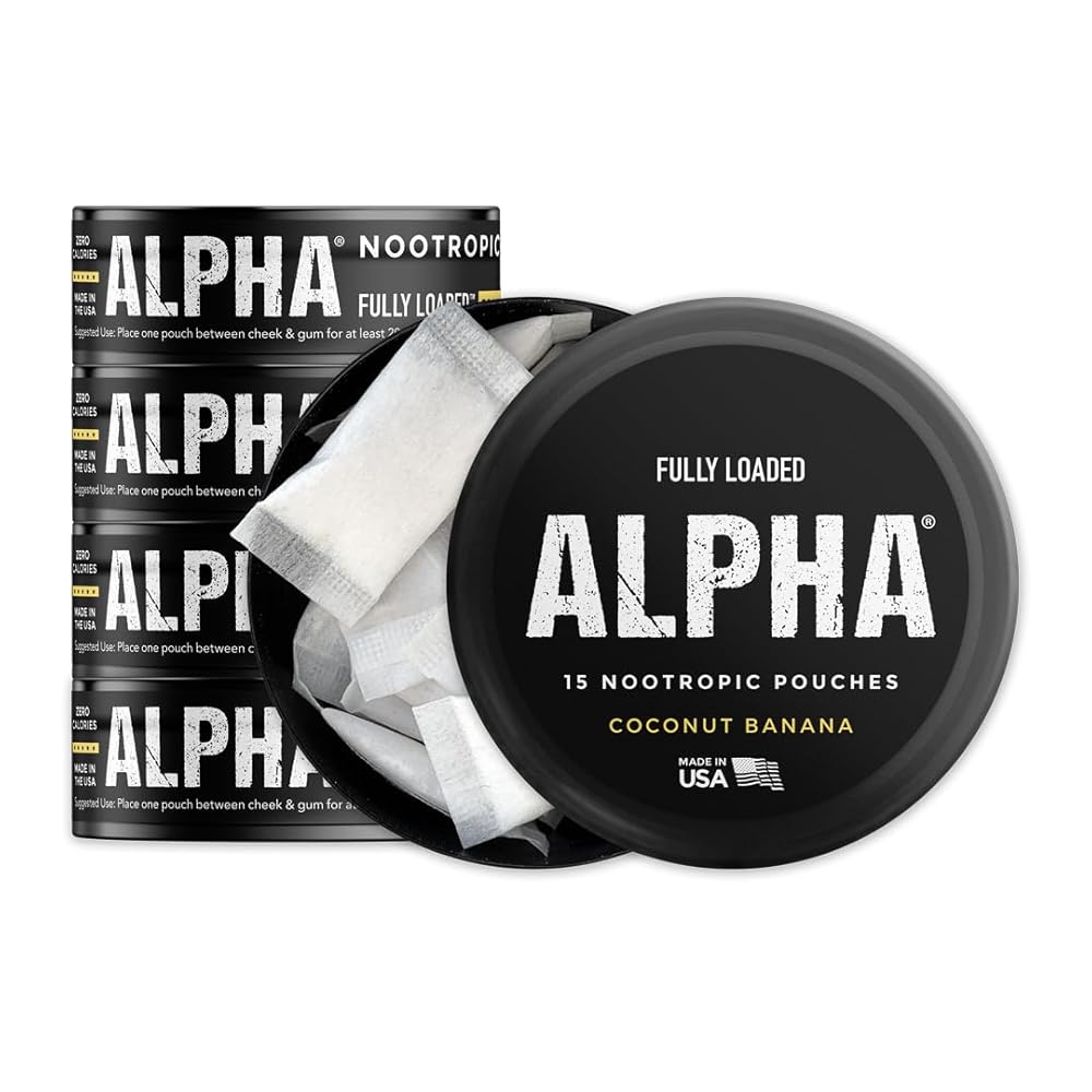 Fully Loaded Alpha Nootropic Pouches (Coconut Banana) - 5 Cans - 15 Pouches per can - Effective Nootropic Delivery, Nic Pouch Replacement - Faster Absorption, Alpha GPC, L-Tyrosine, GABA