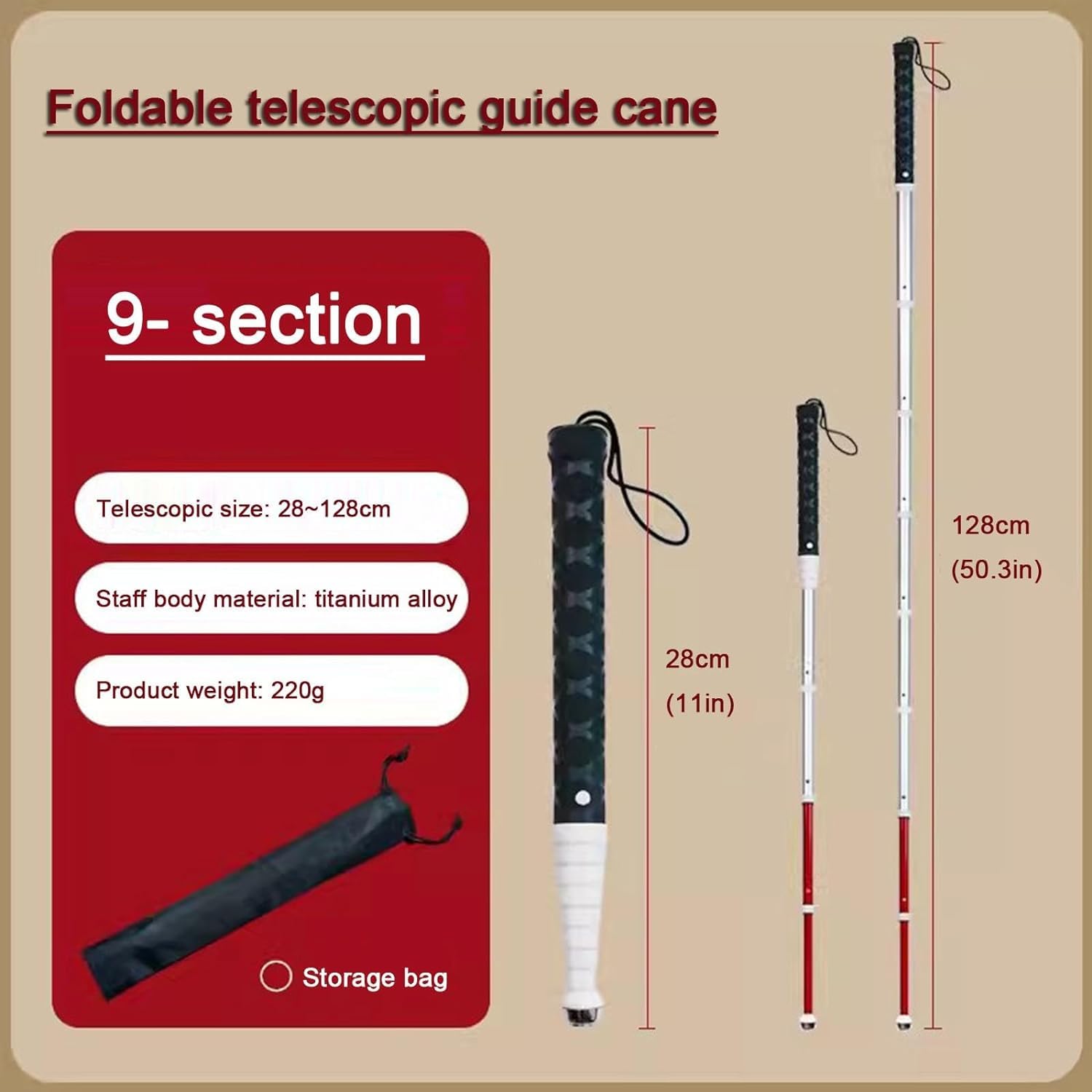 Bastón plegable, bastón telescópico de 9 sectos de aleación de titanio, bastón telescópico con punta giratoria, adecuado para personas con marcha inestable