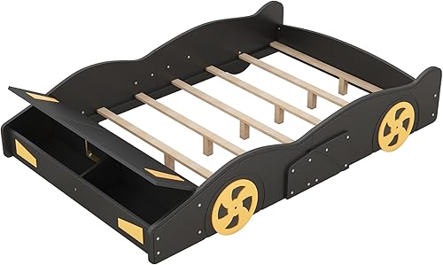 Miniatura 122 de Cama de plataforma clásica en forma de automóvil con ruedas, cama de automóvil de tamaño matrimonial con soporte de listones de madera, marco de