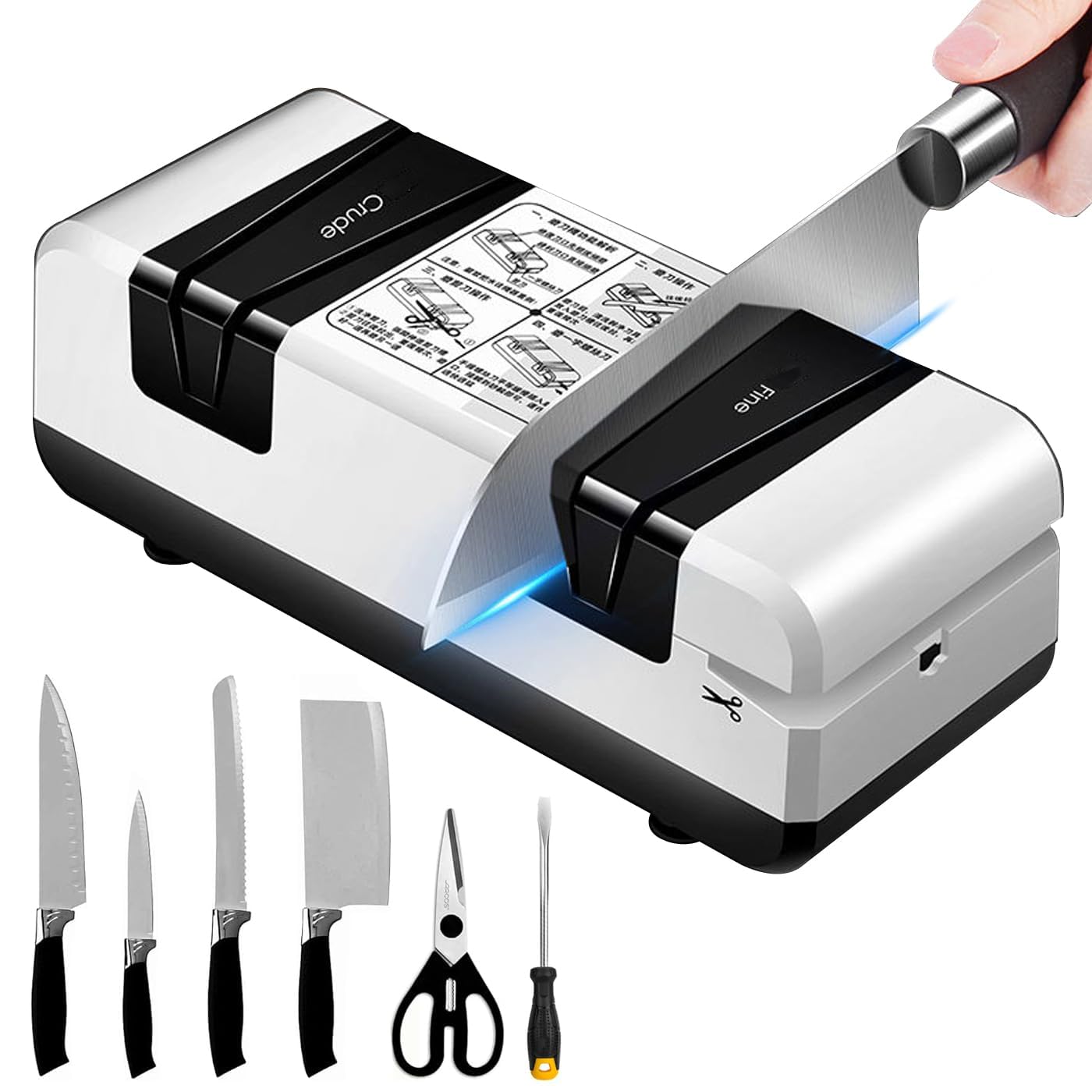 BOOZXCV Electric Knife Sharpener - Professional 4-in-1 Sharpening with Coarse & Fine Grinding Stones for Straight Edge Knives, Scissors, and Screwdrivers