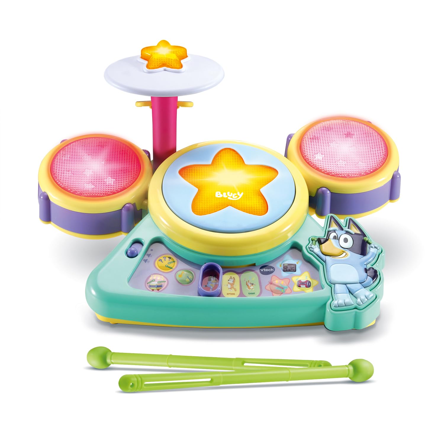 VTech - Bluey La Batterie Interactive - Batterie Instrument de Musique Enfant avec Pads Lumineux et Baguettes - Jouet Musical Bluey et Bingo - Cadeau Enfant de 3 Ans à 7 Ans - Contenu en Français