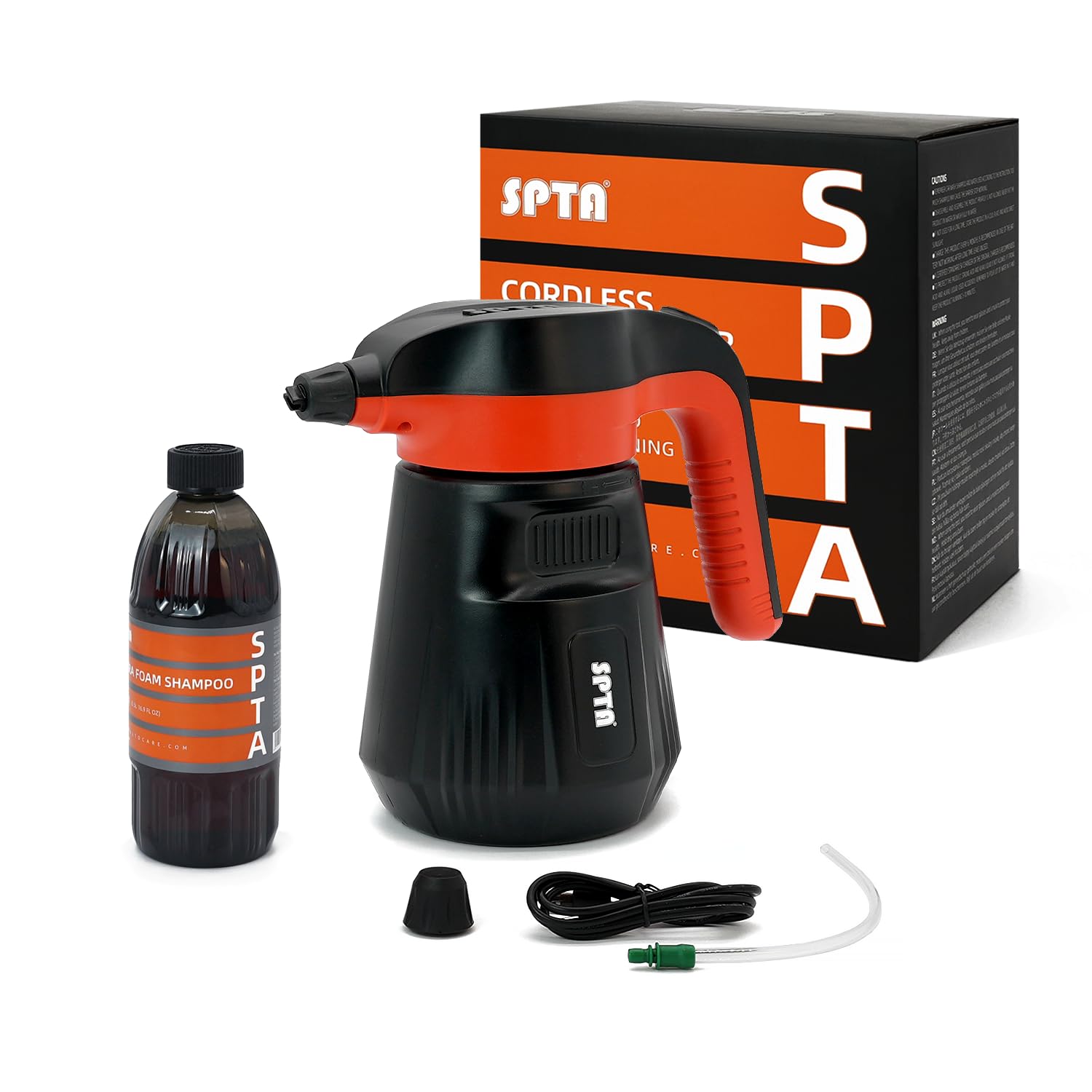 SPTA Druckschaumsprüher, 2,25 l, elektrischer Druckseifensprüher, Autoschaumsprüher, kabelloser Pumpsprüher für Autowäsche, Hochdruckreiniger, Schaumreiniger mit 500 ml Autowaschshampoo für Autowäsche