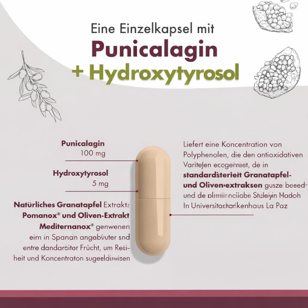 Granatum Plus - Punicalagin und Hydroxytyrosol - Granatapfel- und Extra Natives Olivenölextrakt - Antioxidativ und Entzündungshemmend - Hautpflege - Spanien - 1 Box 60 Kapseln
