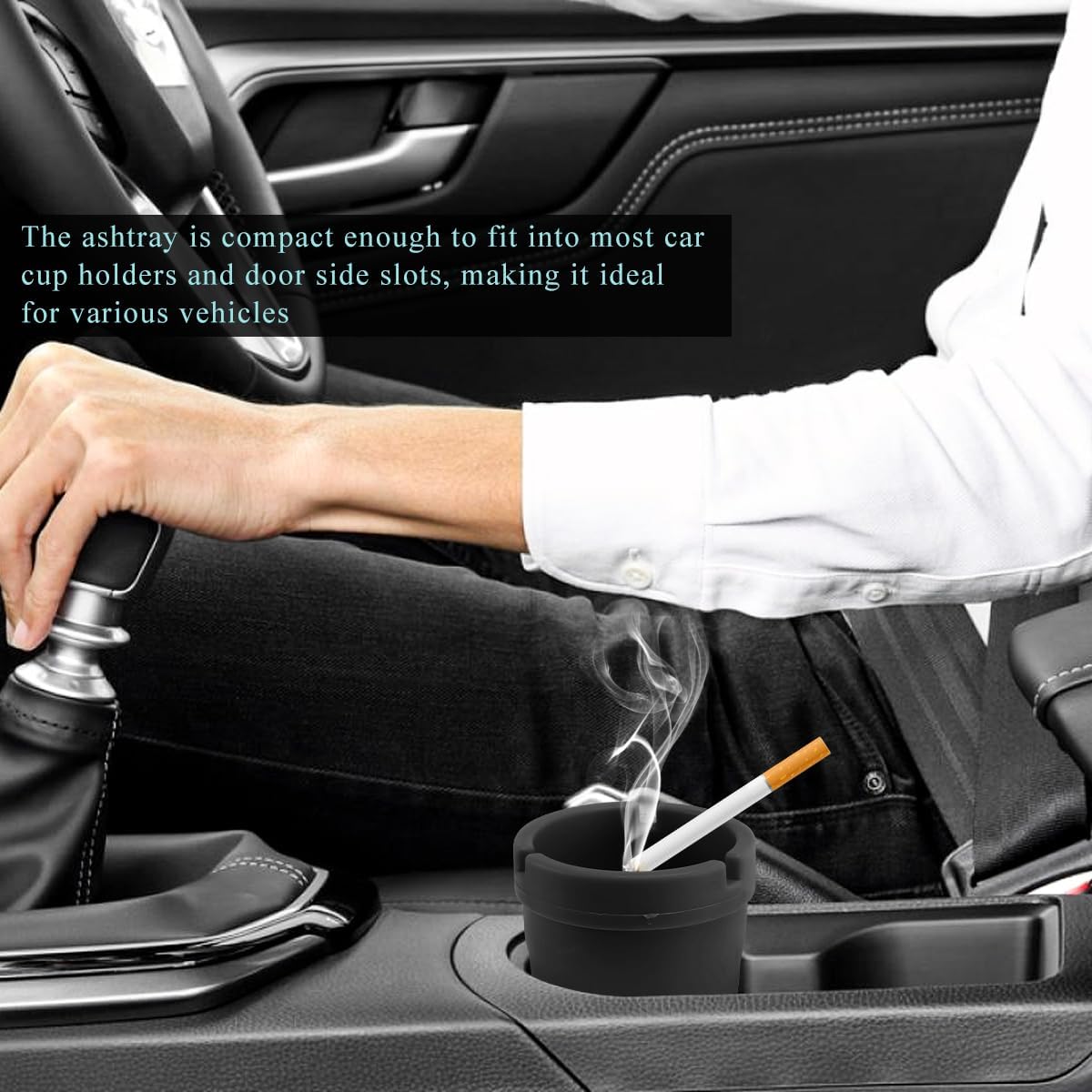 Car Ashtray, Plastic Portable Smokeless Self-Extinguishing Vehicle Cigarette Trash Can Ash Tray, Universal Windproof Butt Bucket Ash Holder Organizer for Car Cup Holder (Black)