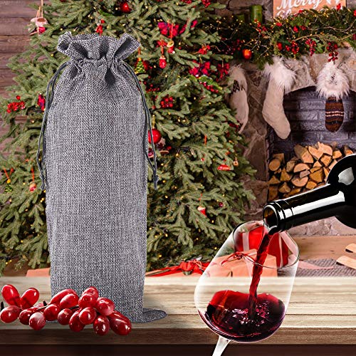 12pcs Jute Burlap Wine Bags, Hessian Cloth Bottle Gift Bags with Drawstring for Holiday Giving Blind Taste Party (Gray)