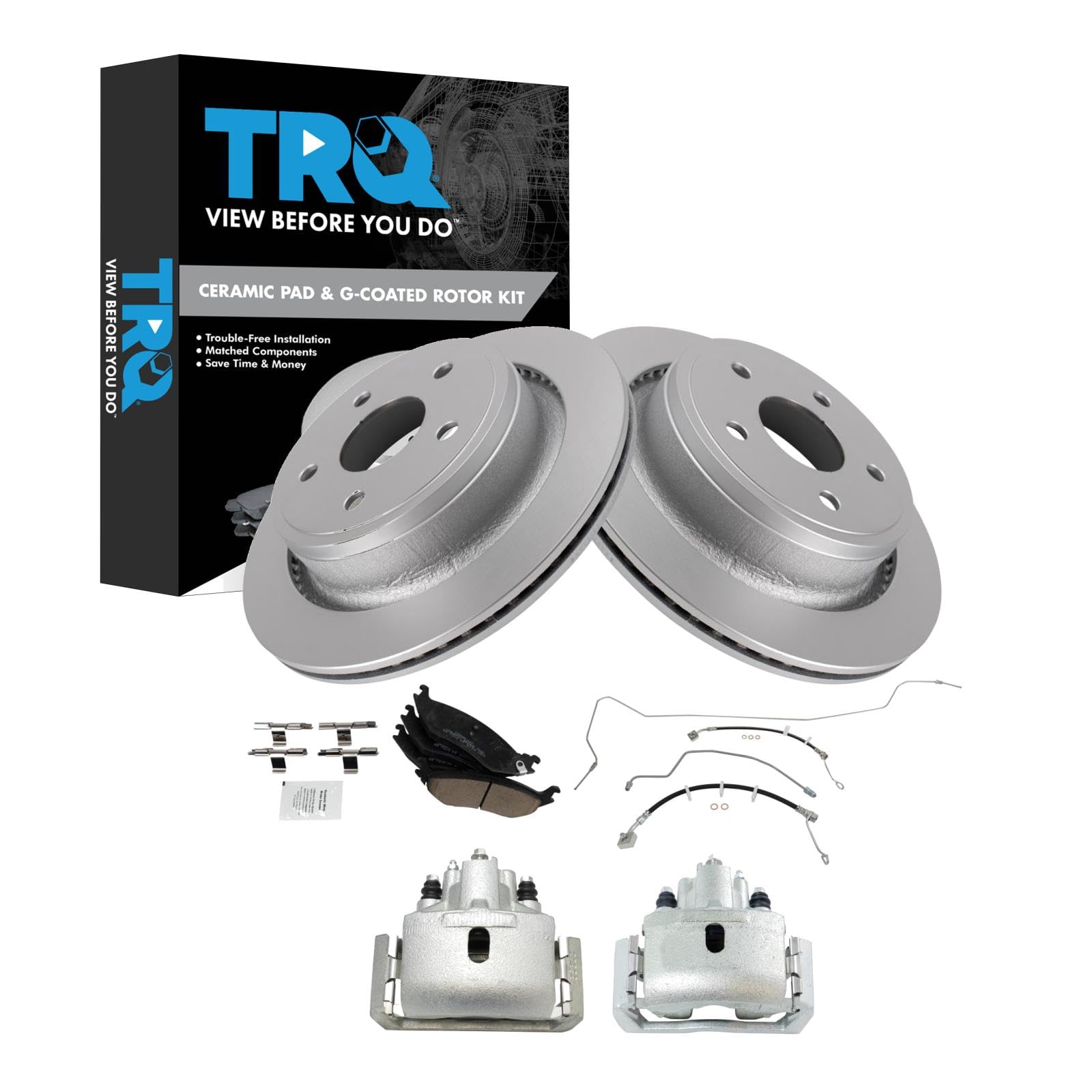 TRQ Rear Brake Pad &amp; Rotor Kit Ceramic Premium G-Coated Compatible with 2014-2017 Ram 1500