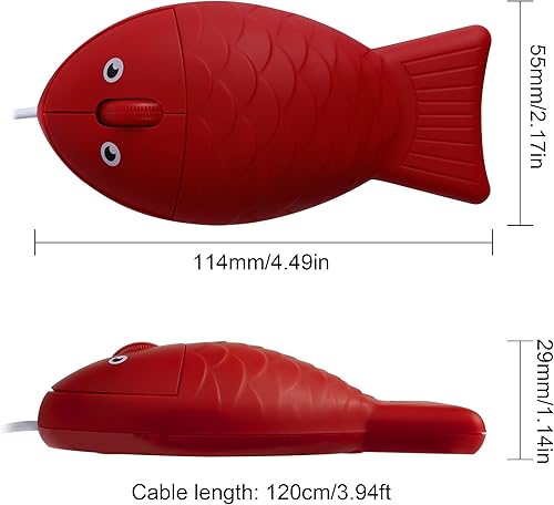 Miniatura 6 de Ratón de computadora portátil con forma de pez súper lindo con cable de 3.94 pies, único pequeño ratón óptico con cable USB de 1200 DPI para