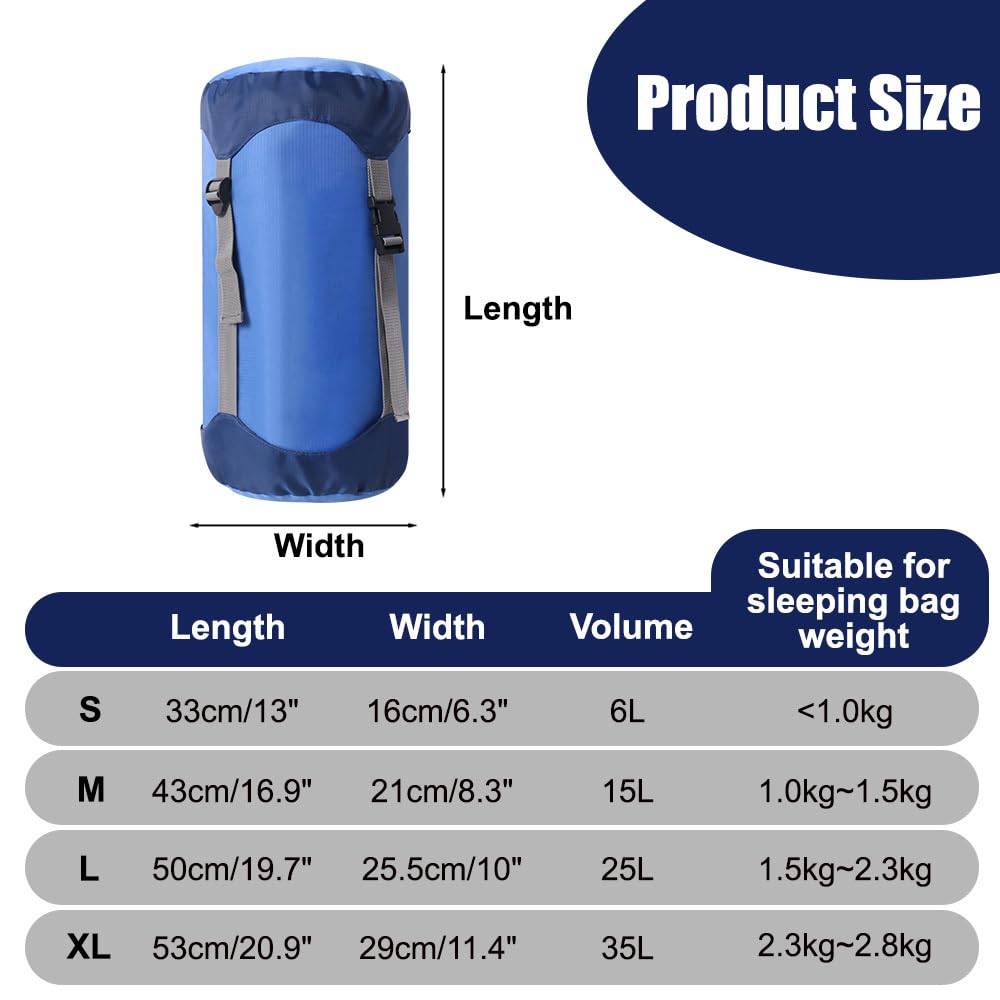 Compressione per Sacco a Pelo, 6L, 15L, 25L, 35L Sacca Stoccaggio Borsa Ultraleggero in Poliestere, Porta Sacco a Pelo Portaoggetti per Campeggio Spalla Viaggio