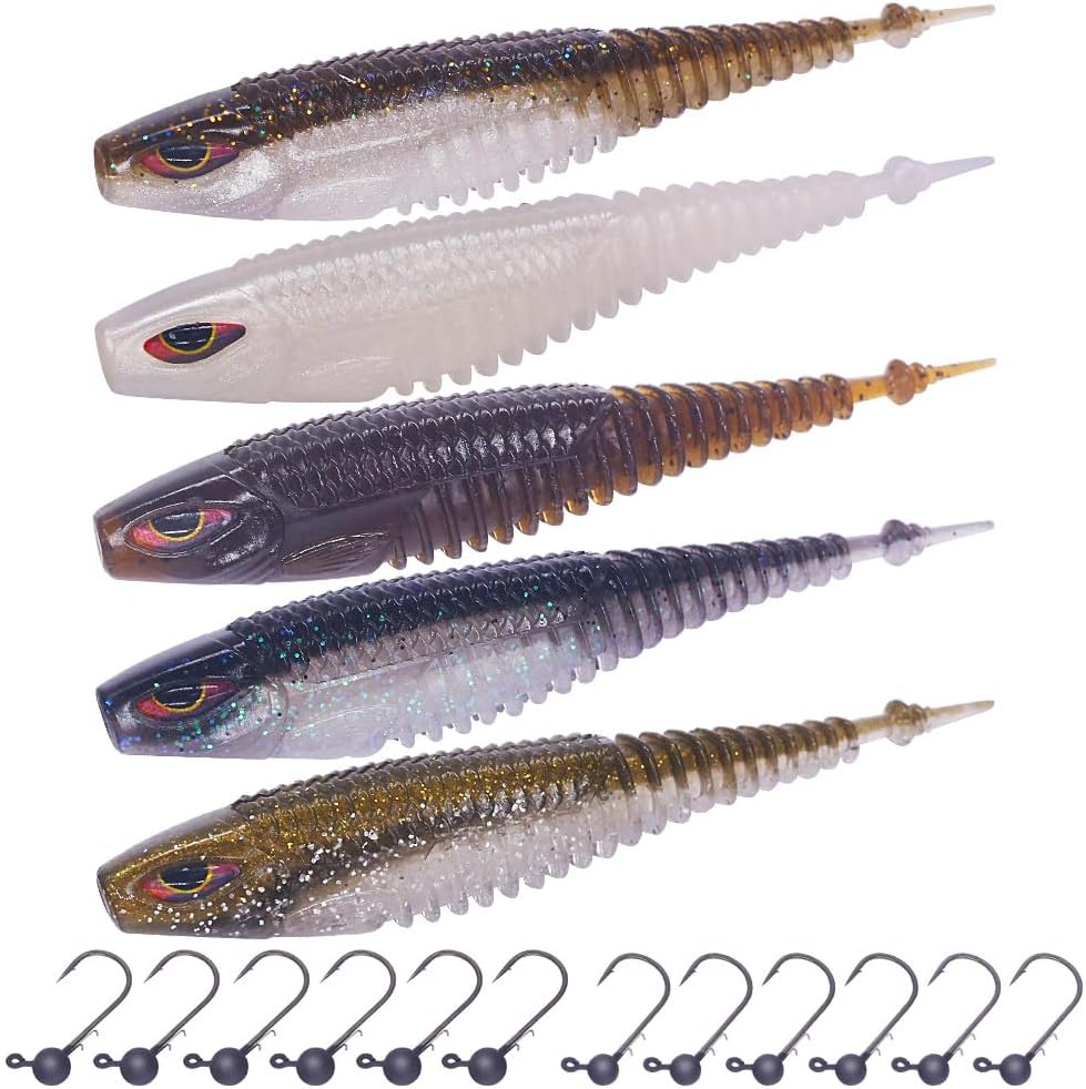 4.25" Pin Tail Shad Swimbait, Bass Fishing Lures Kit, Jig Heads