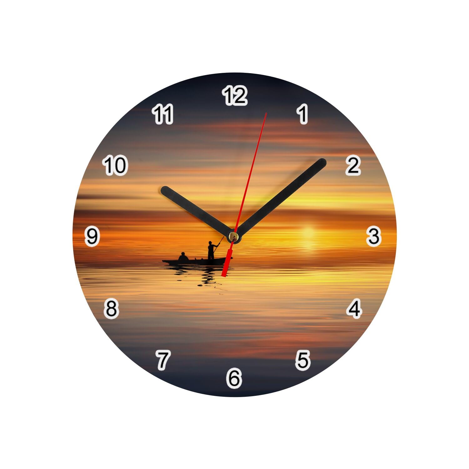 Horloge murale en verre mer au coucher de soleil silhouette pêcheur 20cm