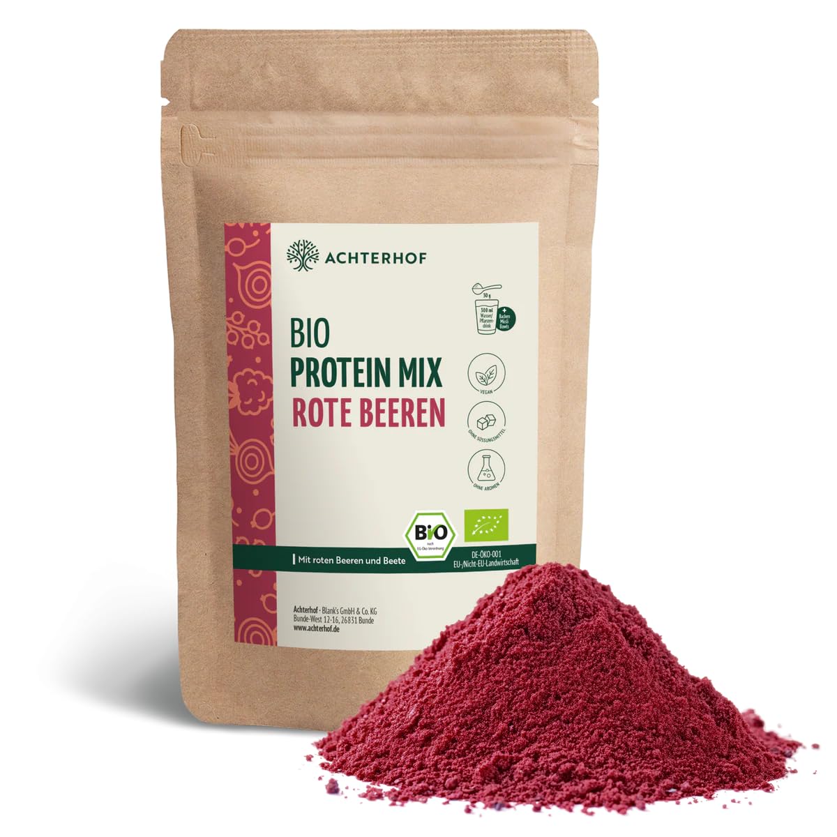 Bio Protein Mix rote Beeren 500g | Erbsen- und Reisprotein mit Beeren, Beete und Ballaststoffen | nur natürliche Zutaten in Bio-Qualität | Achterhof