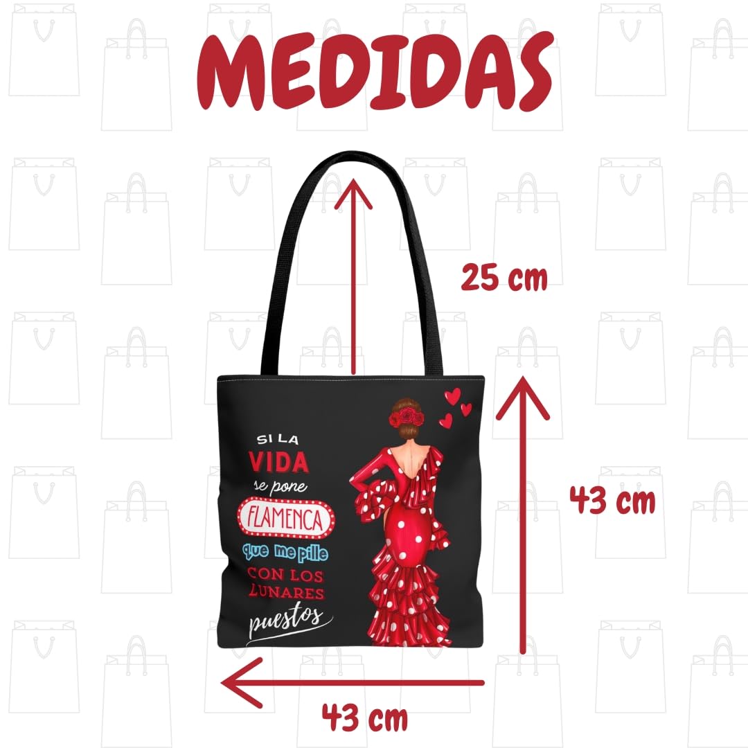 Bolso Tote Flamenco 43x43 cm – Bolsas de Tela con Diseño de Flamenca – Impresión Doble Cara – Asas 60 cm – Poliéster 400 g/m² – Colección Málaga