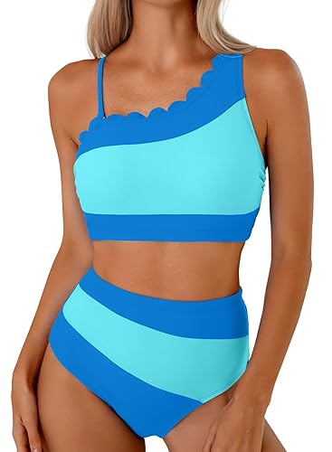 Herseas Women's One Shoulder Petal Edges Bikini Sets Color Block