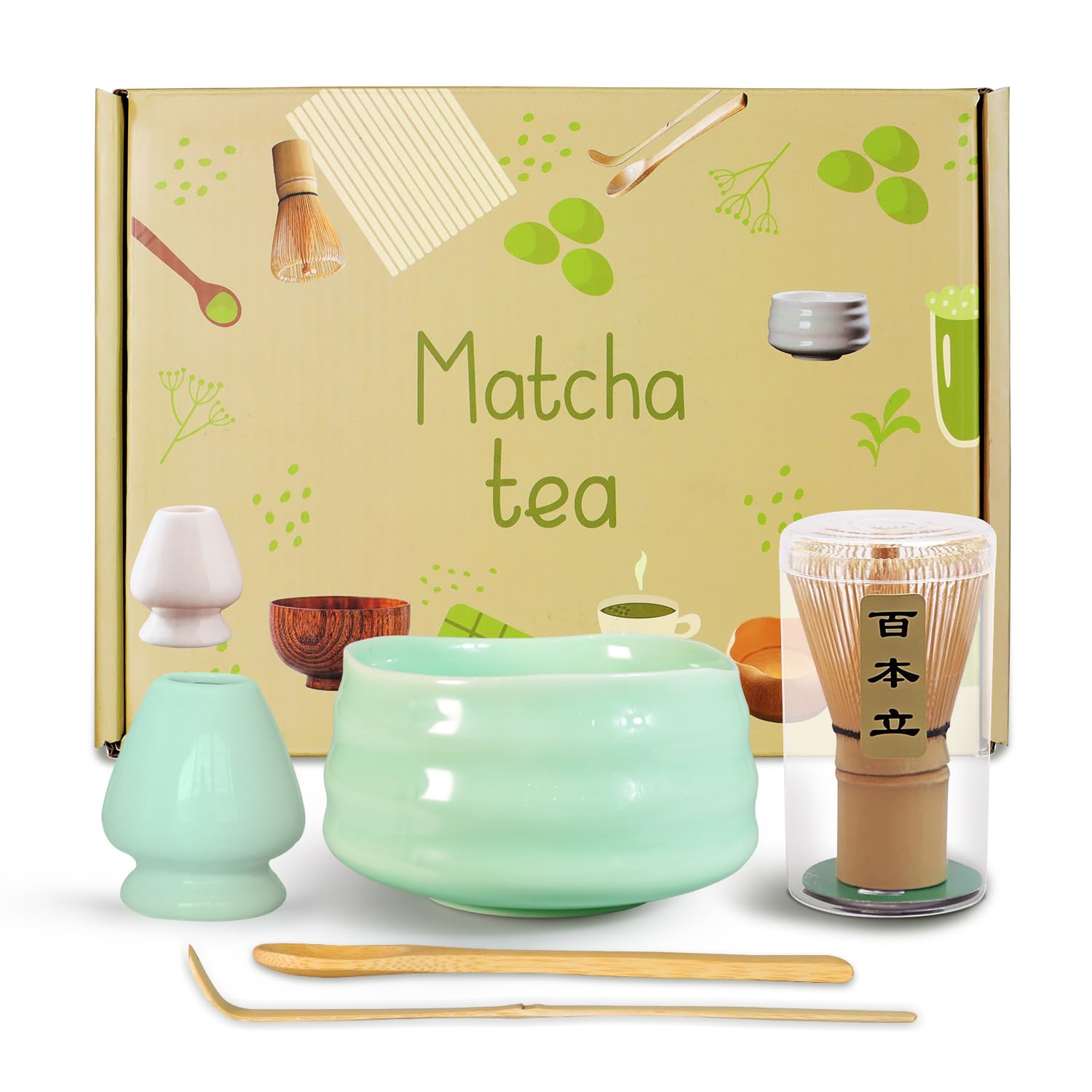 Matcha Starter Kit 5pcs, Matcha Bowl and Whisk Set, Japanese Matcha Set, Matcha Whisk and Holder with Bowl Scoop for Matcha Tea Ceremony