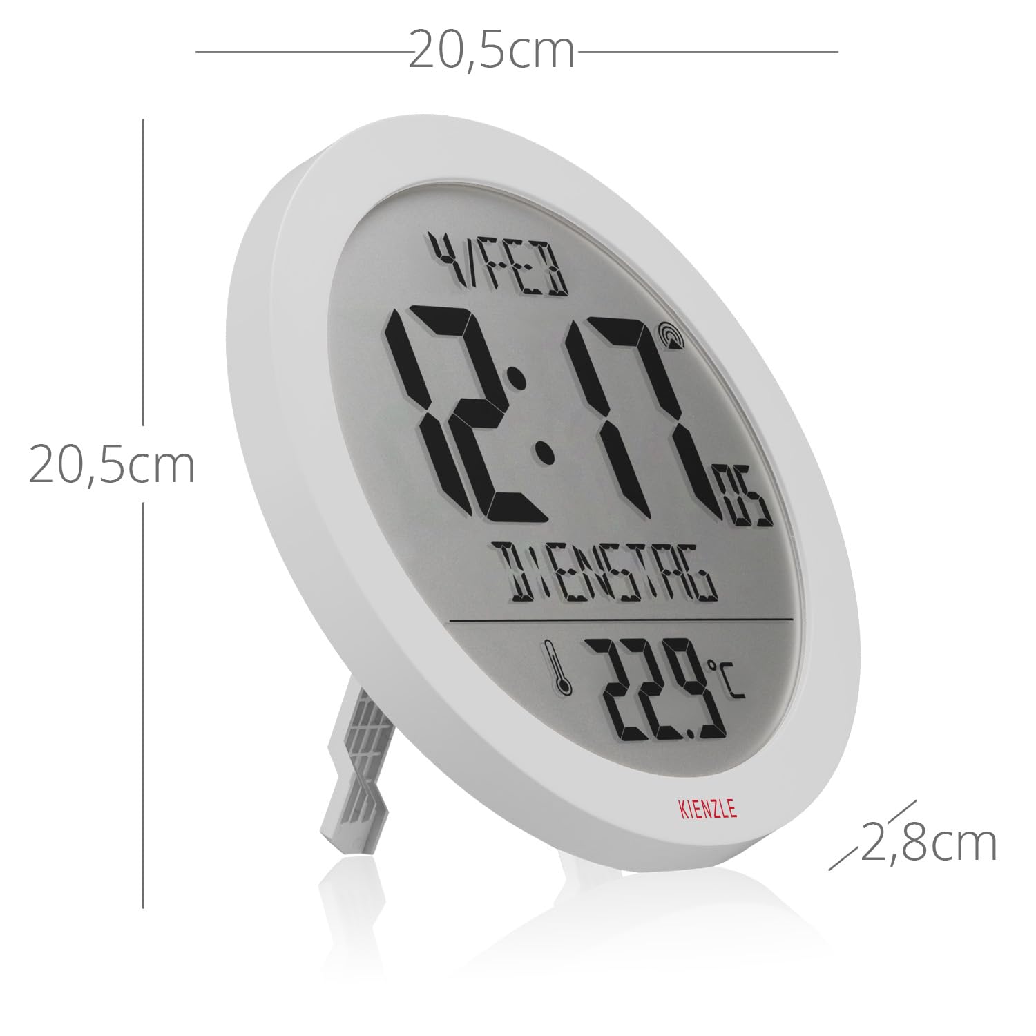 Kienzle Funkwanduhr Tischuhr mit Temperaturanzeige 18,7 cm Display DCF-Zeit Datum 2 Weckzeiten Schlummer weiß