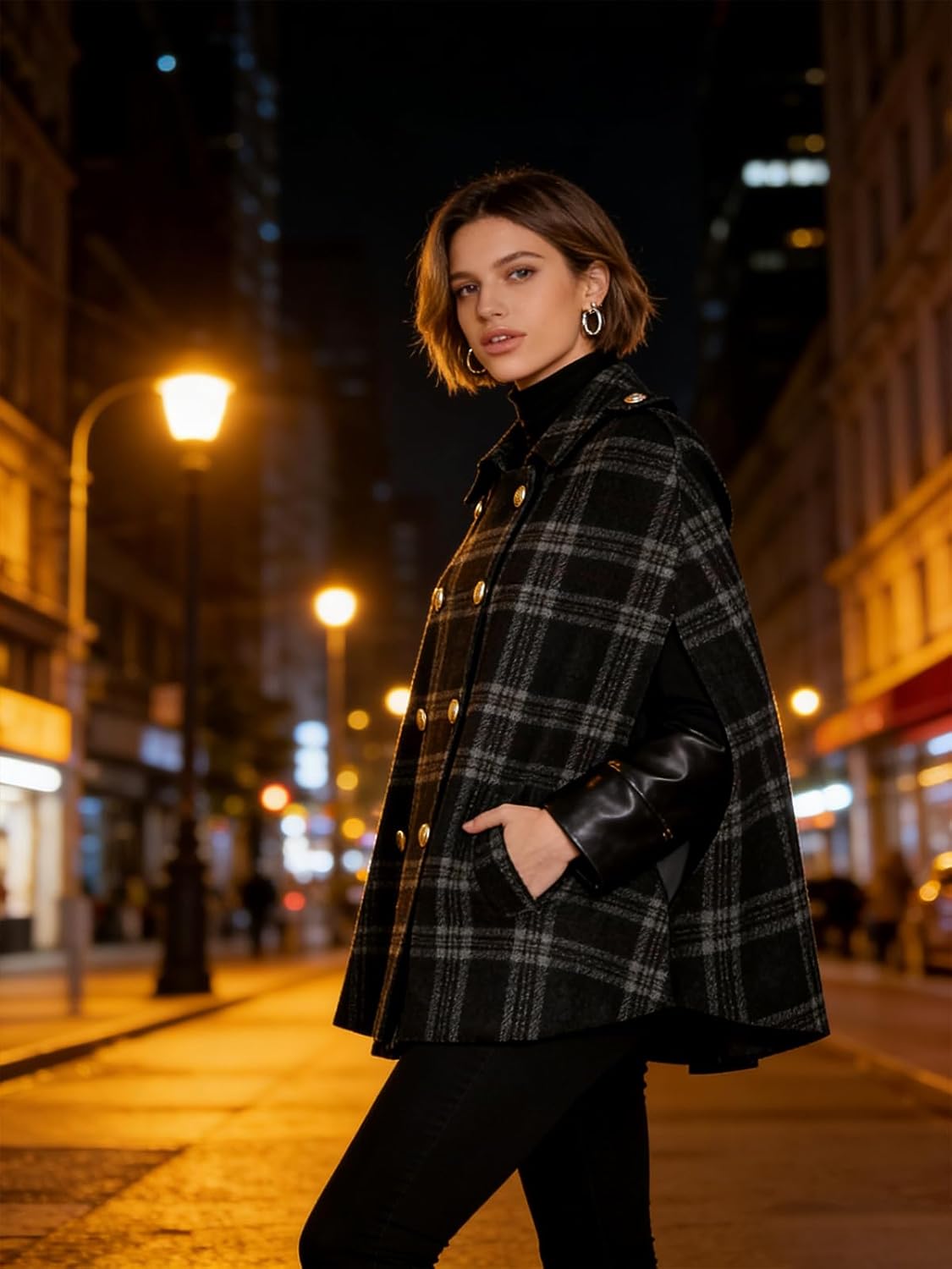 Women's Plaid Winter Cape Coat, Women's Shawl Wrap Poncho Ruana Cape Cardigan Shawls for Fall Winter - Image 3