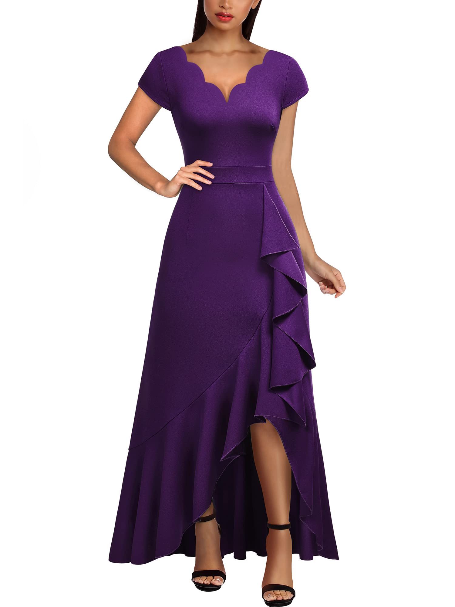 MiusolWomen's Vintage V Neck Ruffle Split Bridesmaid Party Long Dress, Purple, XXL