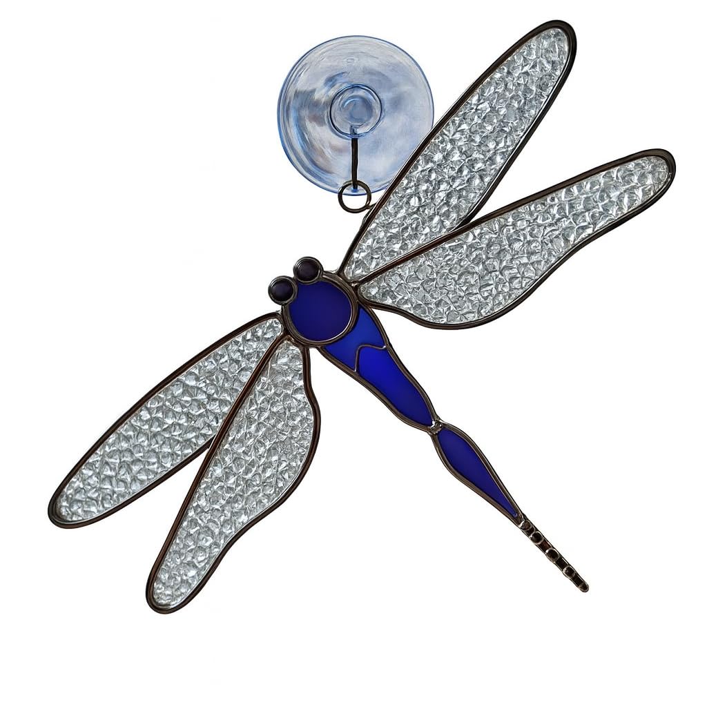 SassyXpressions Blue Dragonfly Stained Glass Suncatcher – 7 x 5.5 Inch Window Hanging – Real Stained Glass Plated with a Silver Finish – Blue
