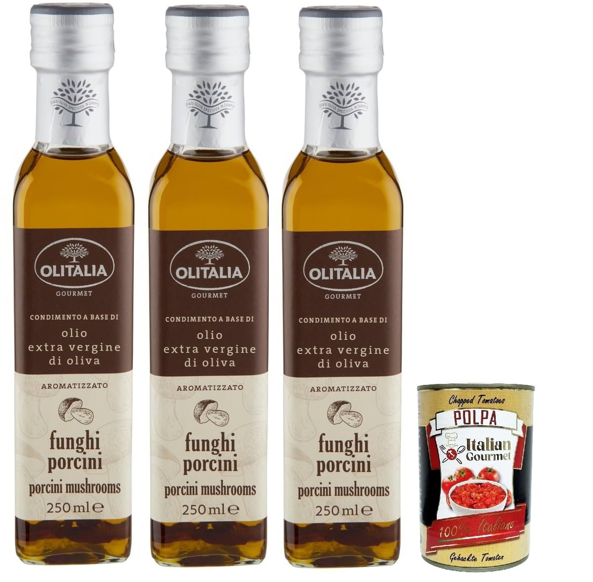 Olitalia Olio Condimento a Base di olio extra vergine di oliva all'aroma di funghi porcini, Extra Natives Olivenöl Porcini -Steinpilz geschmack 3x 250ml + Italian Gourmet polpa 400g